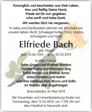 Traueranzeige von Elfriede Bach von WVG - Wochenspiegel Merseburg