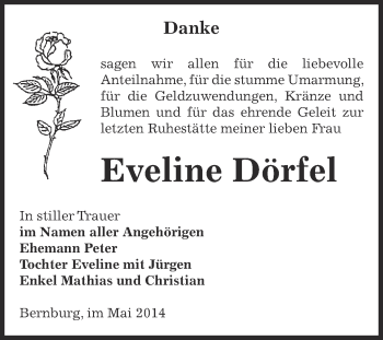 Traueranzeige von Eveline Dörfel von Super Sonntag Bernburg