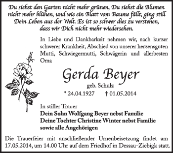 Traueranzeige von Gerda Beyer von Super Sonntag Dessau / Köthen