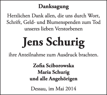 Traueranzeige von Jens Schurig von Super Sonntag Dessau / Köthen