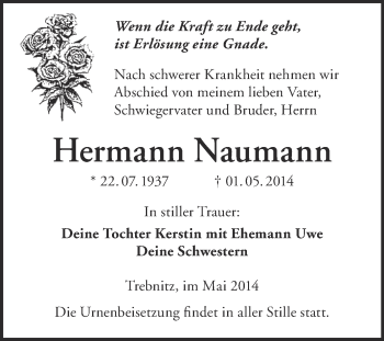 Traueranzeige von Hermann Naumann von WVG - Wochenspiegel NMB / WSF / ZTZ