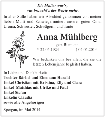 Traueranzeige von Anna Mühlberg von Super Sonntag Merseburg