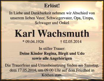 Traueranzeige von Karl Wachsmuth von Super Sonntag Dessau / Köthen