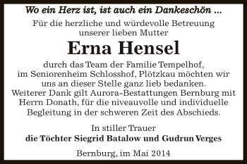 Traueranzeige von Erna Hensel von Super Sonntag Bernburg