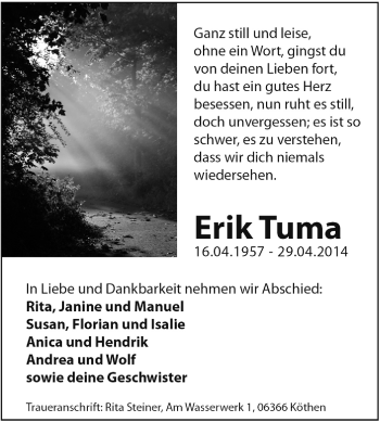 Traueranzeige von Erik Tuma von Super Sonntag Dessau / Köthen