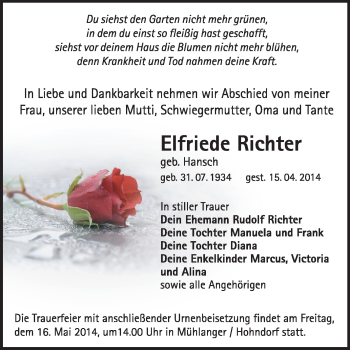 Traueranzeige von Elfriede Richter von Super Sonntag Wittenberg