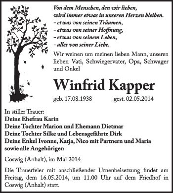 Traueranzeige von Winfrid Kapper von Super Sonntag Wittenberg