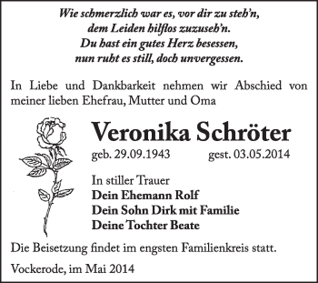 Traueranzeige von Veronika Schröter von Super Sonntag Wittenberg