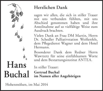 Traueranzeige von Hans Buchal von WVG - Wochenspiegel NMB / WSF / ZTZ