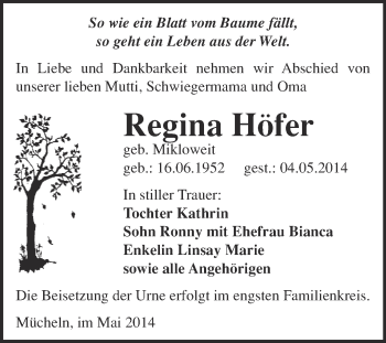 Traueranzeige von Regina Höfer von Super Sonntag Merseburg