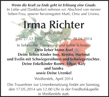 Traueranzeige von Una Richter von WVG - Wochenspiegel NMB / WSF / ZTZ