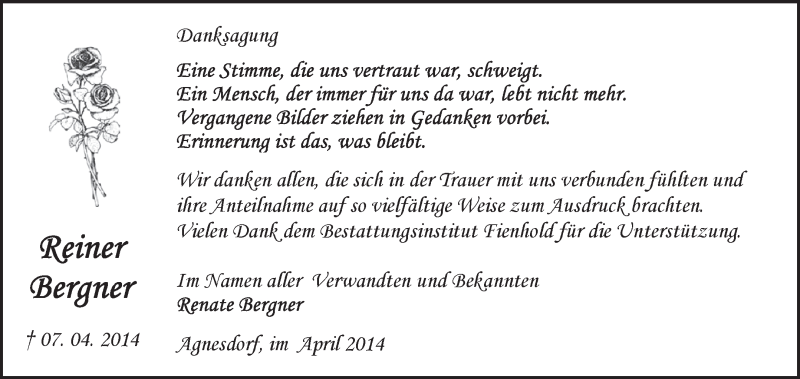  Traueranzeige für Reiner Bergner vom 11.05.2014 aus Super Sonntag SGH Mansf. Land