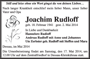 Traueranzeige von Joachim Rudloff von Super Sonntag Dessau / Köthen