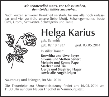Traueranzeige von Helga Karius von WVG - Wochenspiegel NMB / WSF / ZTZ