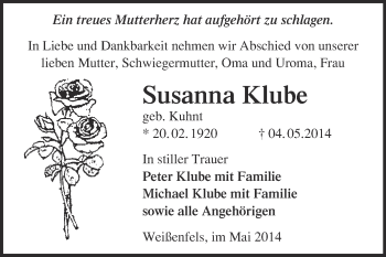 Traueranzeige von Susanna Klube von WVG - Wochenspiegel NMB / WSF / ZTZ
