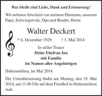 Traueranzeige von Walter Deckert von WVG - Wochenspiegel NMB / WSF / ZTZ