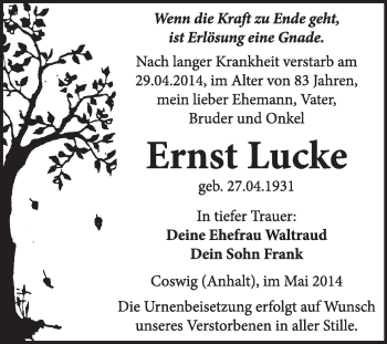 Traueranzeige von Ernst Lucke von Super Sonntag Wittenberg