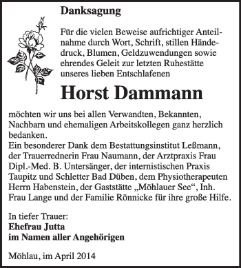 Traueranzeige von Horst Dammann von WVG - Wochenspiegel Wittenberg