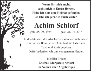 Traueranzeige von Achim Schlorf von Super Sonntag Merseburg