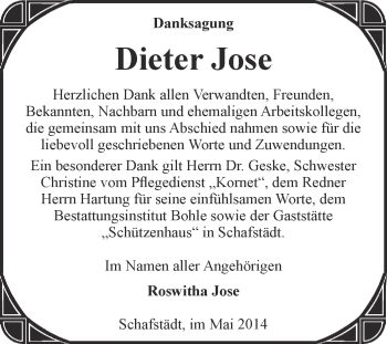 Traueranzeige von Dieter Jose von Super Sonntag Merseburg