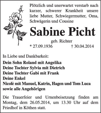 Traueranzeige von Sabine Picht von Super Sonntag Dessau / Köthen