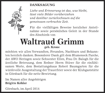 Traueranzeige von Waltraud Grimm von Super Sonntag SGH Mansf. Land