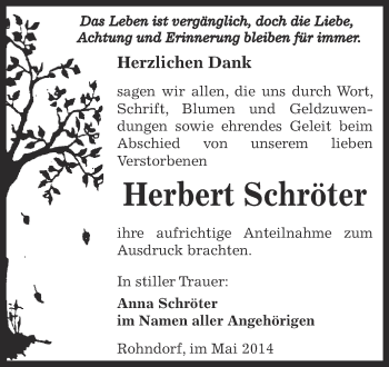 Traueranzeige von Herbert Schröter von WVG - Wochenspiegel Dessau / Köthen