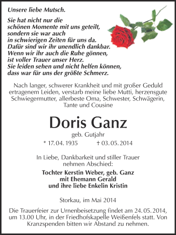 Traueranzeige von Doris Ganz von WVG - Wochenspiegel NMB / WSF / ZTZ