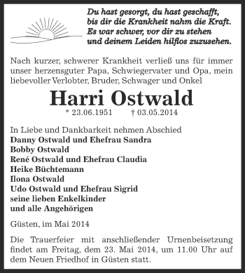 Traueranzeige von Harri Ostwald von Super Sonntag Bernburg