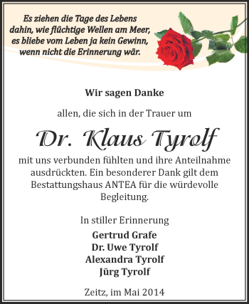 Traueranzeige von Klaus Tyrolf von Super Sonntag Zeitz