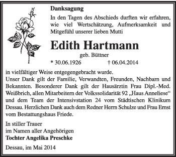 Traueranzeige von Edith Hartmann von Super Sonntag Dessau / Köthen