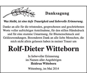 Traueranzeige von Rolf-Diter Witteborn von Super Sonntag Wittenberg