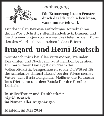 Traueranzeige von Irmgard und Heini Rentsch von Super Sonntag SGH Mansf. Land