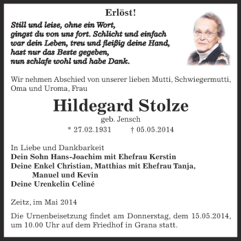 Traueranzeige von Hildegard Stolze von Super Sonntag Zeitz