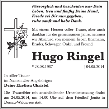 Traueranzeige von Hugo Ringel von Super Sonntag Dessau / Köthen