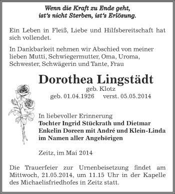 Traueranzeige von Dorothea Lingstädt von Super Sonntag Zeitz