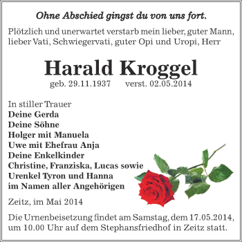 Traueranzeige von Harald Kroggel von Super Sonntag Zeitz