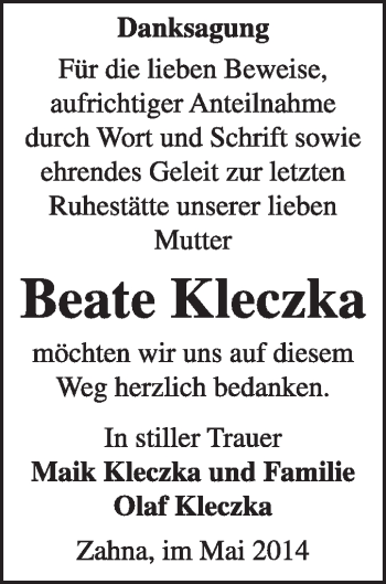 Traueranzeige von Beate Kleczka von Super Sonntag Wittenberg