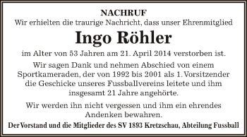 Traueranzeige von Ingo Röhler von Super Sonntag Zeitz