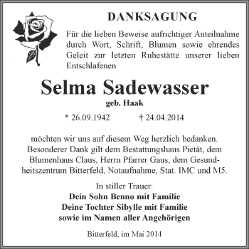 Traueranzeige von Selma Sadewasser von WVG - Wochenspiegel Bitterfeld