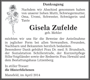 Traueranzeige von Gisela Zufelde von Wochenspiegel Mansfelder Land