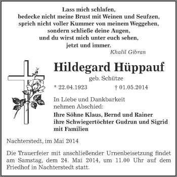 Traueranzeige von Hildegard Hüppauf von Super Sonntag Aschersleben