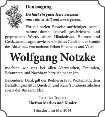 Traueranzeige von Wolfgang Notzke von Super Sonntag Dessau / Köthen
