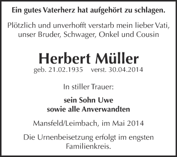 Traueranzeige von Herbert Müller von Super Sonntag SGH Mansf. Land
