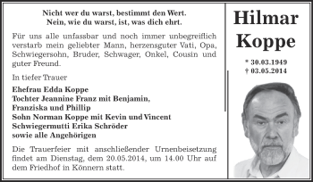 Traueranzeige von Hilmar Koppe von Super Sonntag Bernburg