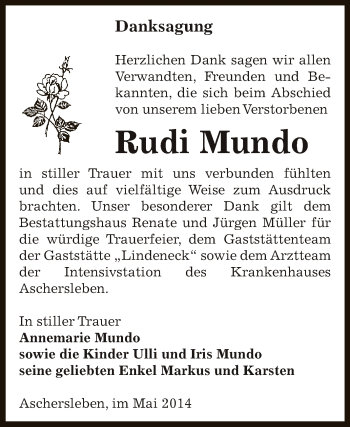 Traueranzeige von Rudi Mundo von Super Sonntag Aschersleben