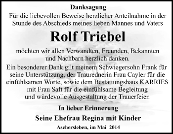 Traueranzeige von Rolf Triebel von WVG - Wochenspiegel Quedlinburg