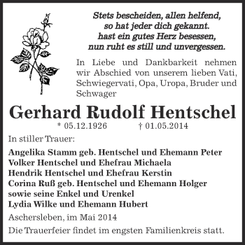 Traueranzeige von Gerhard Rudolf Hentschel von WVG - Wochenspiegel Aschersleben