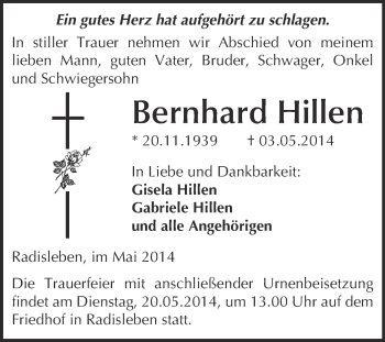 Traueranzeige von Bernhard Hillen von WVG - Wochenspiegel Quedlinburg