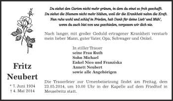 Traueranzeige von Fritz Neubert von Super Sonntag Zeitz